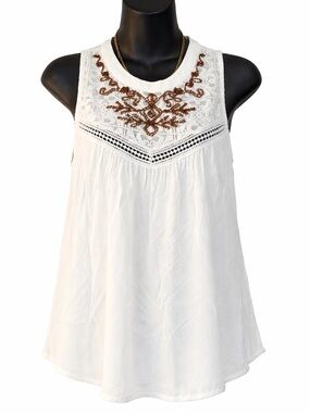 White Sleeveless Crochet Yoke Tank Top with Brown Embroidery